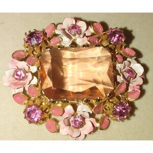 Pink Rhinestones Gemstone Floral Brooch Pin Enamel Petals Rectangular MCM